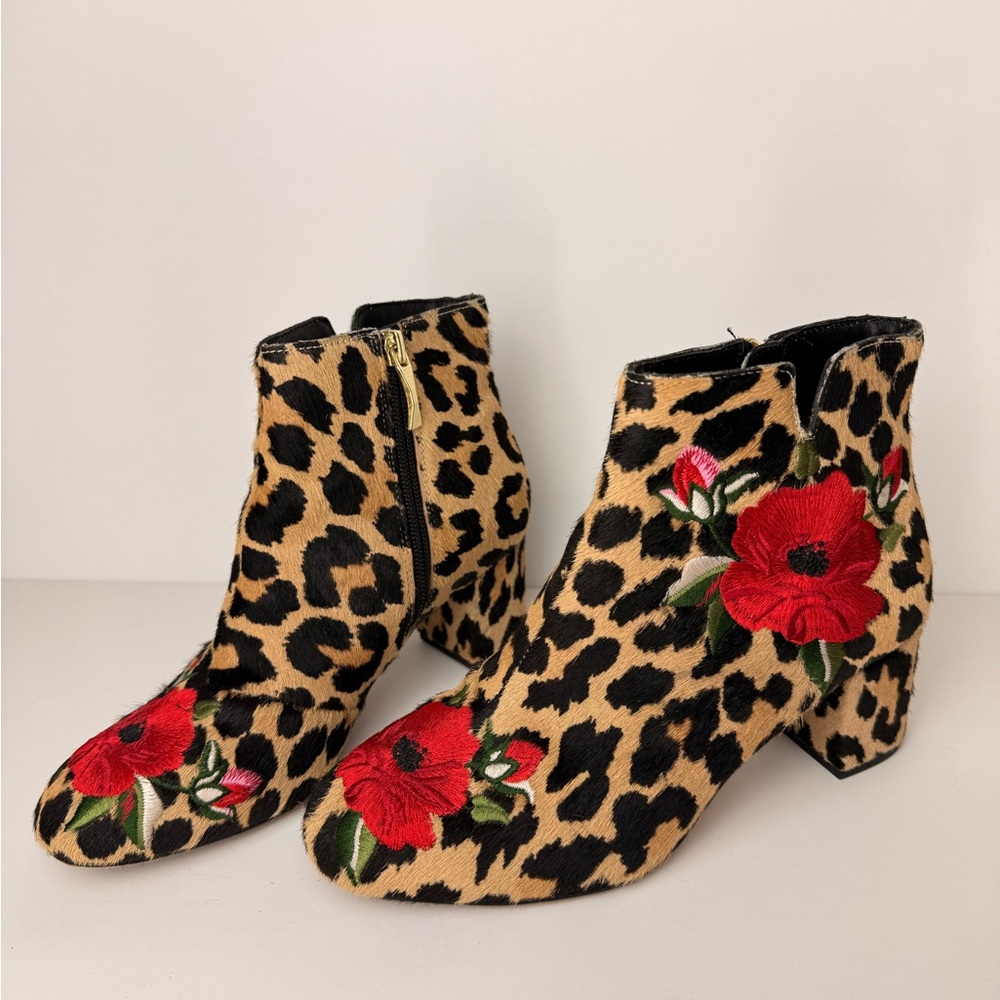 Kate Spade Langton Leopard Real Fur Calf Hairβ Floral Embroidered Ankle Boots 6